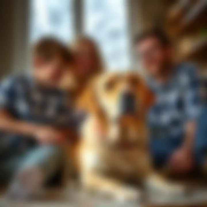Family Enjoying Time with a Yellow Labrador A family bonding with a yellow Labrador Retriever at home