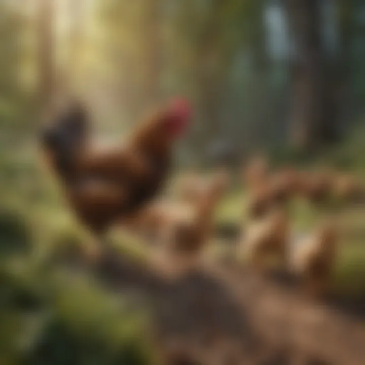 Chickens foraging in a natural environment
