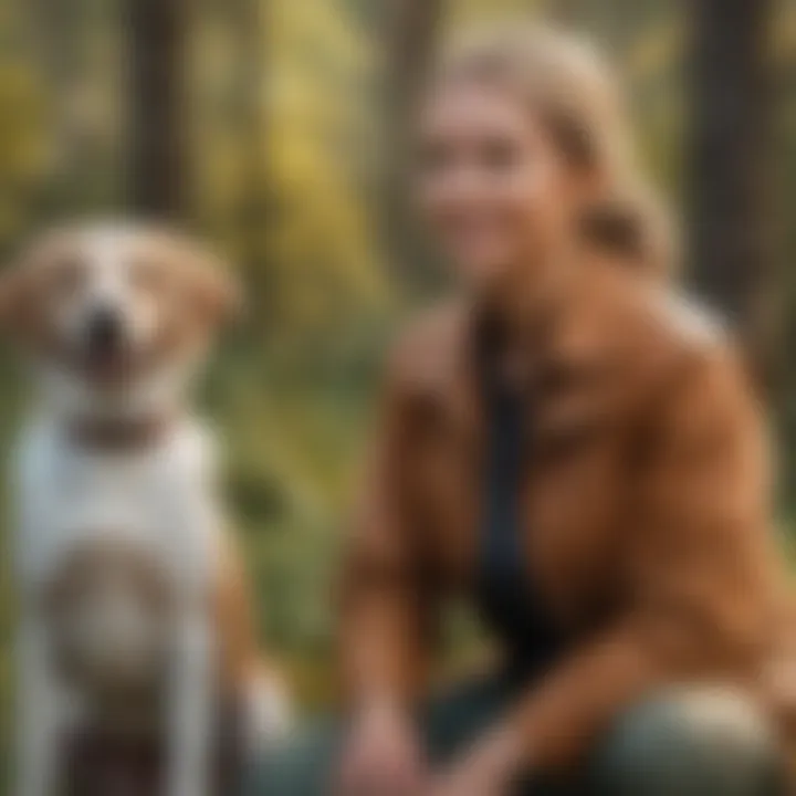 A female bird dog sitting beside a cheerful owner in nature