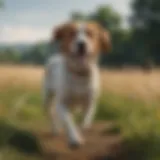 A playful female bird dog running in a field