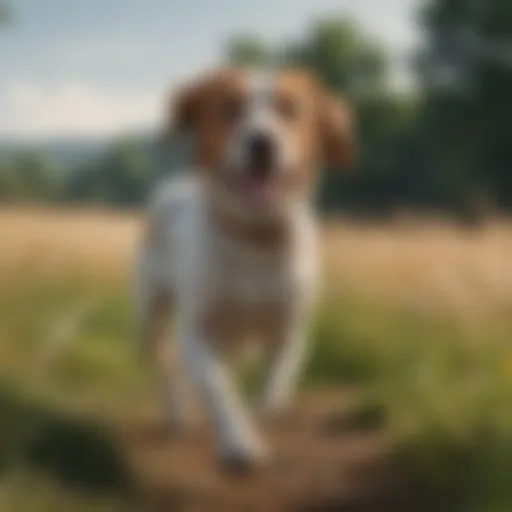 A playful female bird dog running in a field