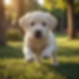 A playful Labrador puppy in a sunny park setting.