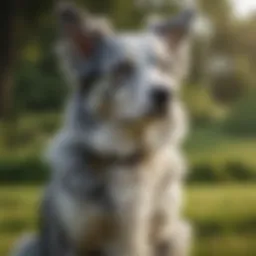 A captivating blue merle dog sitting elegantly in a green park.