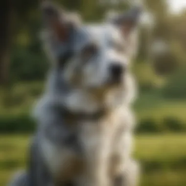 A captivating blue merle dog sitting elegantly in a green park.