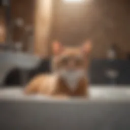 A serene cat enjoying a flea bath in a calm environment.