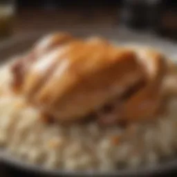 A close-up of boiled chicken and rice for dogs