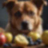 A vibrant assortment of dog-safe fruits including blueberries, apples, and bananas.