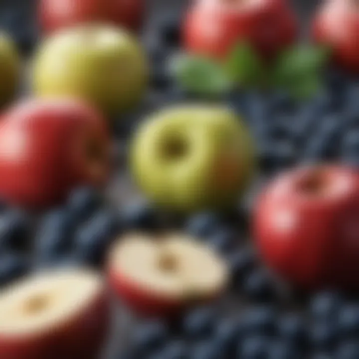 A colorful assortment of safe fruits for dogs, including apples and blueberries.