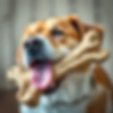 A large dog joyfully chewing on a giant bone