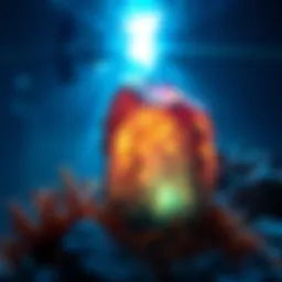 A vibrant glow in the dark fish rock illuminating an aquarium