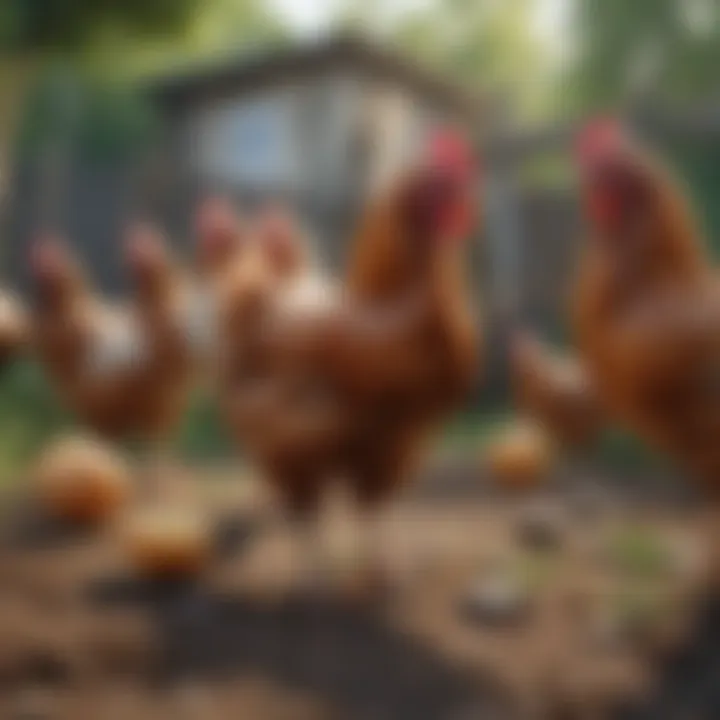 Healthy chickens roaming freely in a yard.