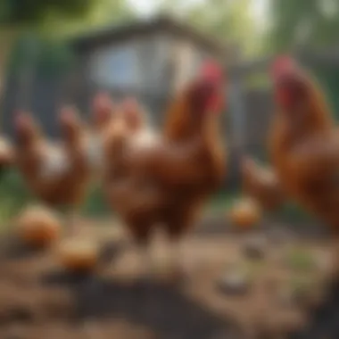 Promoting Chicken Health and Wellbeing Healthy chickens roaming freely in a yard.