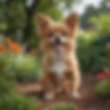 A playful small dog in a vibrant garden setting, showcasing its lively nature.