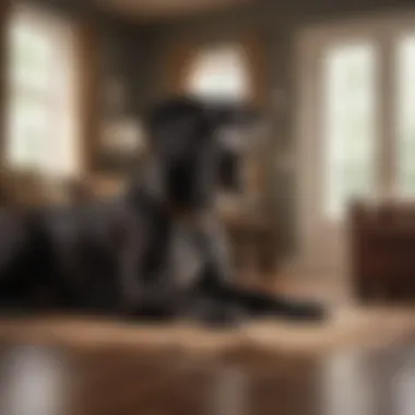 A Great Dane relaxing comfortably in a cozy home environment.