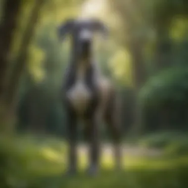 Majestic Great Dane standing proudly in a lush green park.