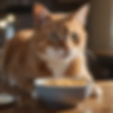 A close-up of a cat enjoying a bowl of dairy-free food with a satisfied expression.