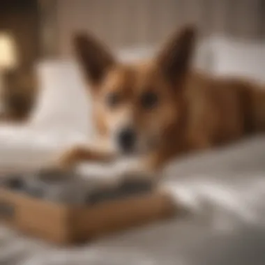 An older dog being encouraged onto the bed with positive reinforcement.