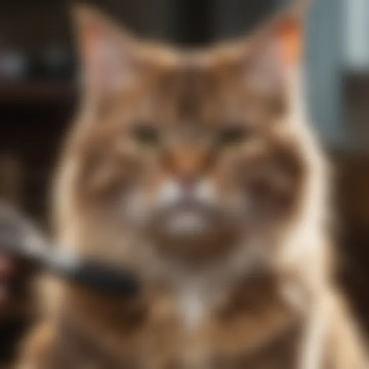 A cat with a shiny coat being groomed with a brush, reducing hairball formation.