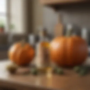 Natural remedy ingredients, such as pumpkin and olive oil, on a kitchen counter.