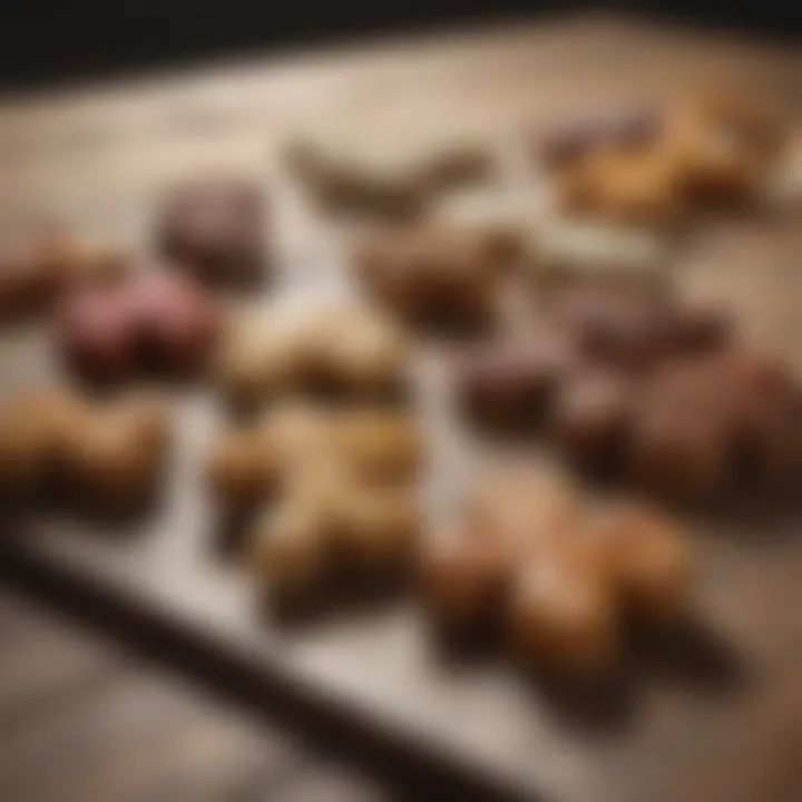 A variety of homemade dog treats displayed on a wooden surface.