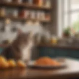 A variety of safe foods for cats displayed on a kitchen counter