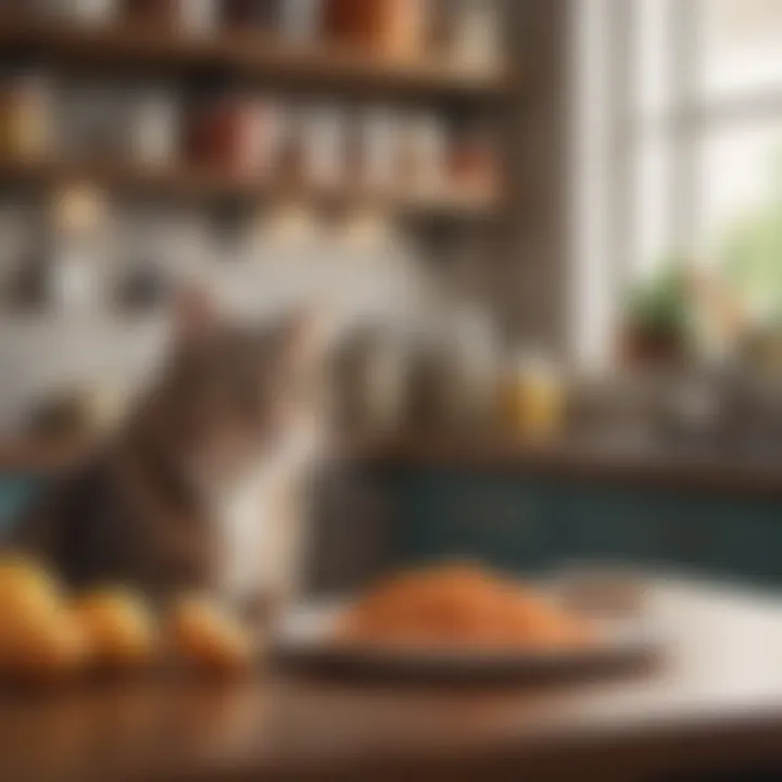 A variety of safe foods for cats displayed on a kitchen counter