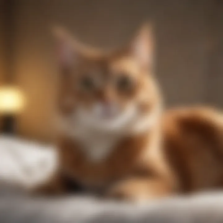 Cat sitting on a bed looking curious