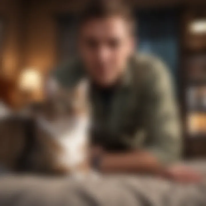Owner interacting with a cat in a cozy environment