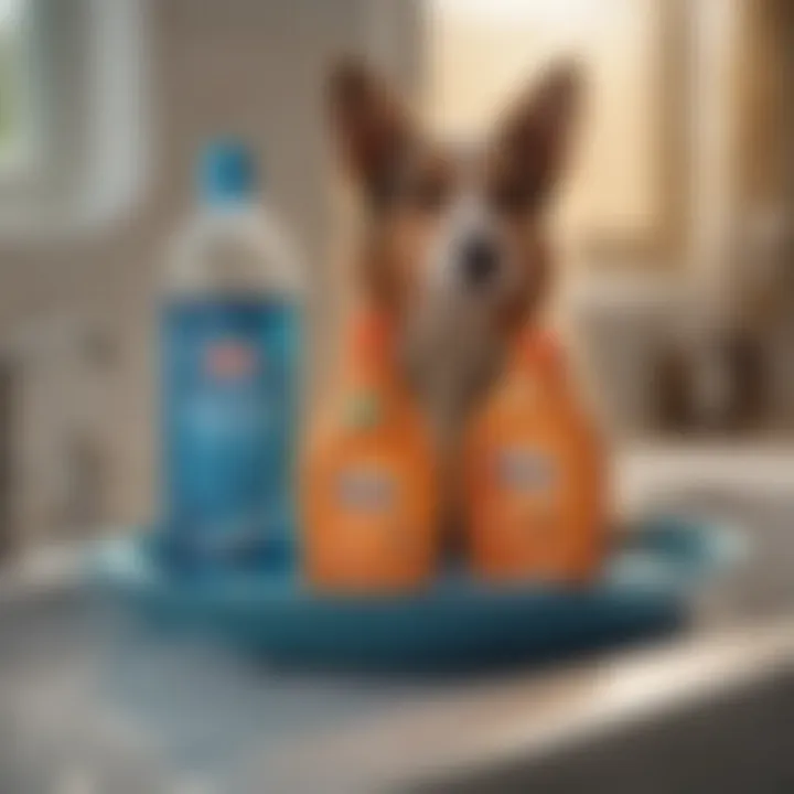 Dawn dish detergent bottle alongside a bathing setup for dogs