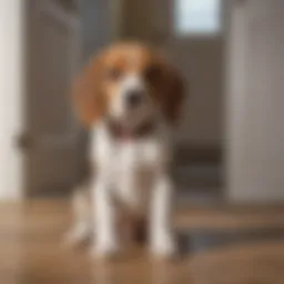 Beagle puppy eagerly waiting by the front door