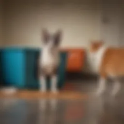 A dog curiously approaching a cat litter box