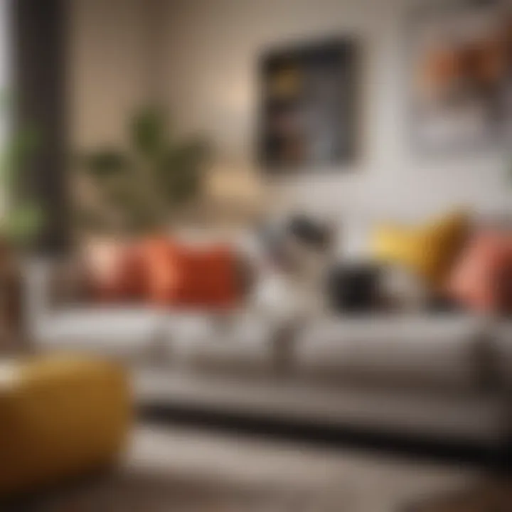 A pet lounging on a clean, fresh-smelling couch decorated with vibrant cushions.