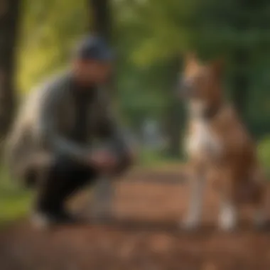 Pet owner training a dog in a park setting