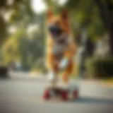 A dog confidently skateboarding in a park