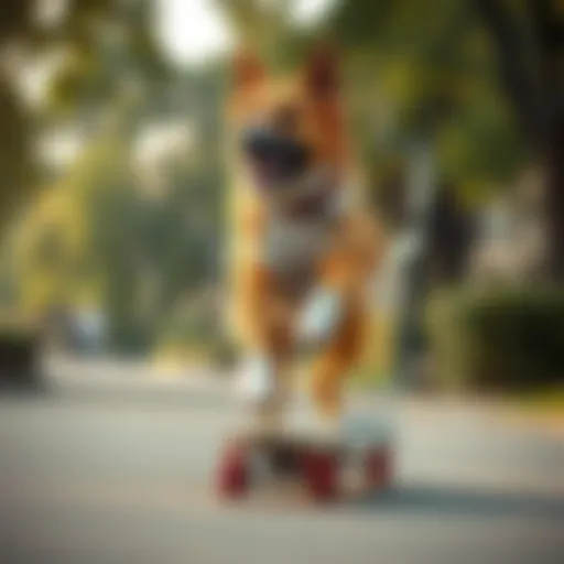 A dog confidently skateboarding in a park
