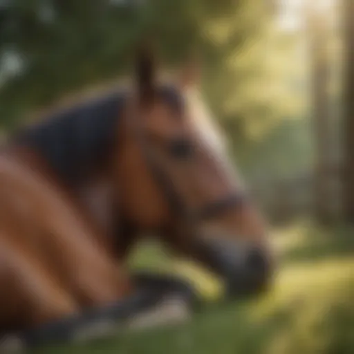 A horse comfortably lying down in a serene environment, showcasing relaxation and trust.