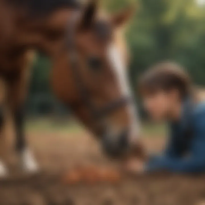 A trainer using positive reinforcement, rewarding a horse for attempting to lay down.