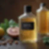 Close-up of hyponic shampoo ingredients with a scientific backdrop.