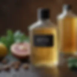 Close-up of hyponic shampoo ingredients with a scientific backdrop.