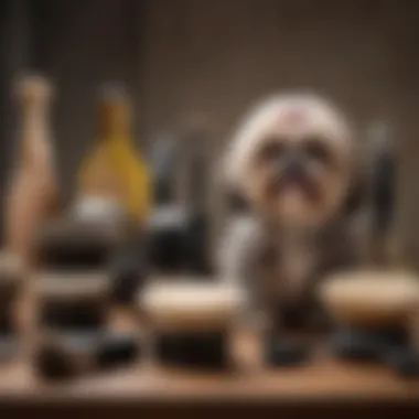 Types of Grooming Brushes Various types of grooming brushes suitable for Shih Tzus displayed on a table.