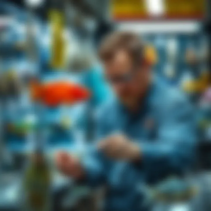A knowledgeable aquarist examining fish quality at a store.