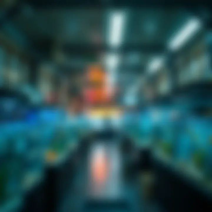 A serene fish market environment with a variety of fish tanks.