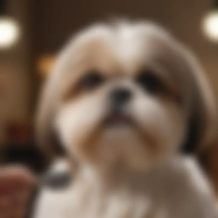 Close-up of a Shih Tzu being brushed, showcasing the grooming technique
