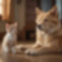 A serene environment showcasing a kitten and an older dog observing each other from a safe distance.