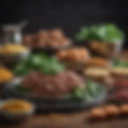 A selection of iron-rich foods suitable for dogs including liver, spinach, and red meat.