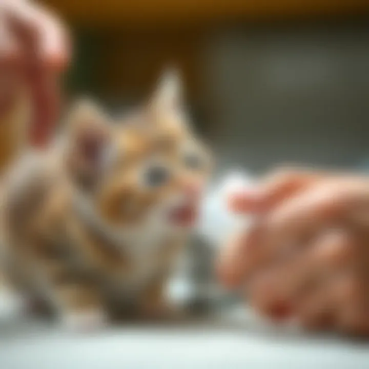 Gentle Feeding Technique for Newborn Kittens An illustration of a caretaker gently feeding a kitten with a specialized bottle