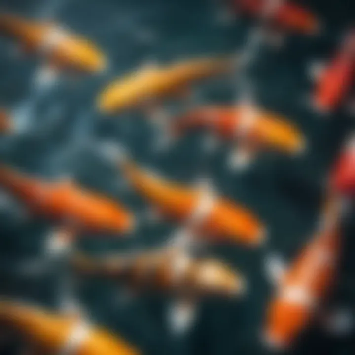 A close-up view of colorful koi fish gliding through crystal-clear water.