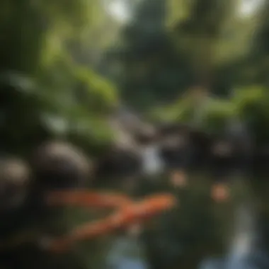 An elegantly designed koi pond featuring a waterfall and lush surrounding plants.