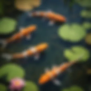 A serene koi pond with vibrant koi fish swimming among lily pads.