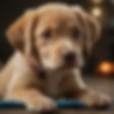 A lab puppy focused and attentive, eager for a treat during a training session.